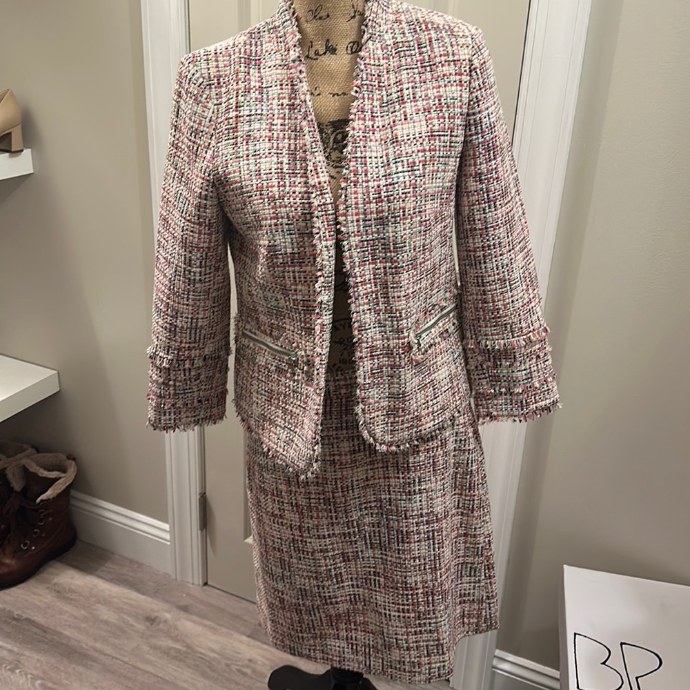 Pink green white blazer and skirt